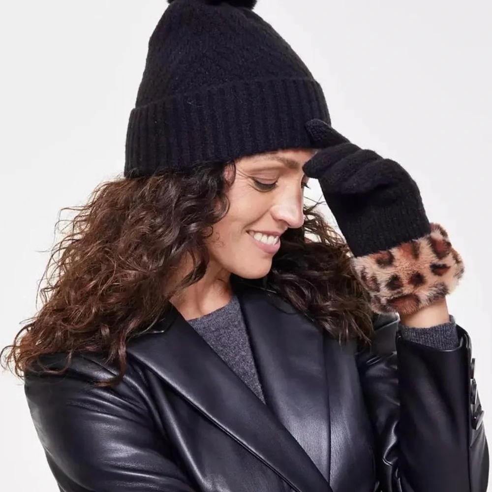 INC Beanie & Faux Fur Gloves Gift Set Black Pom Pom NIB
